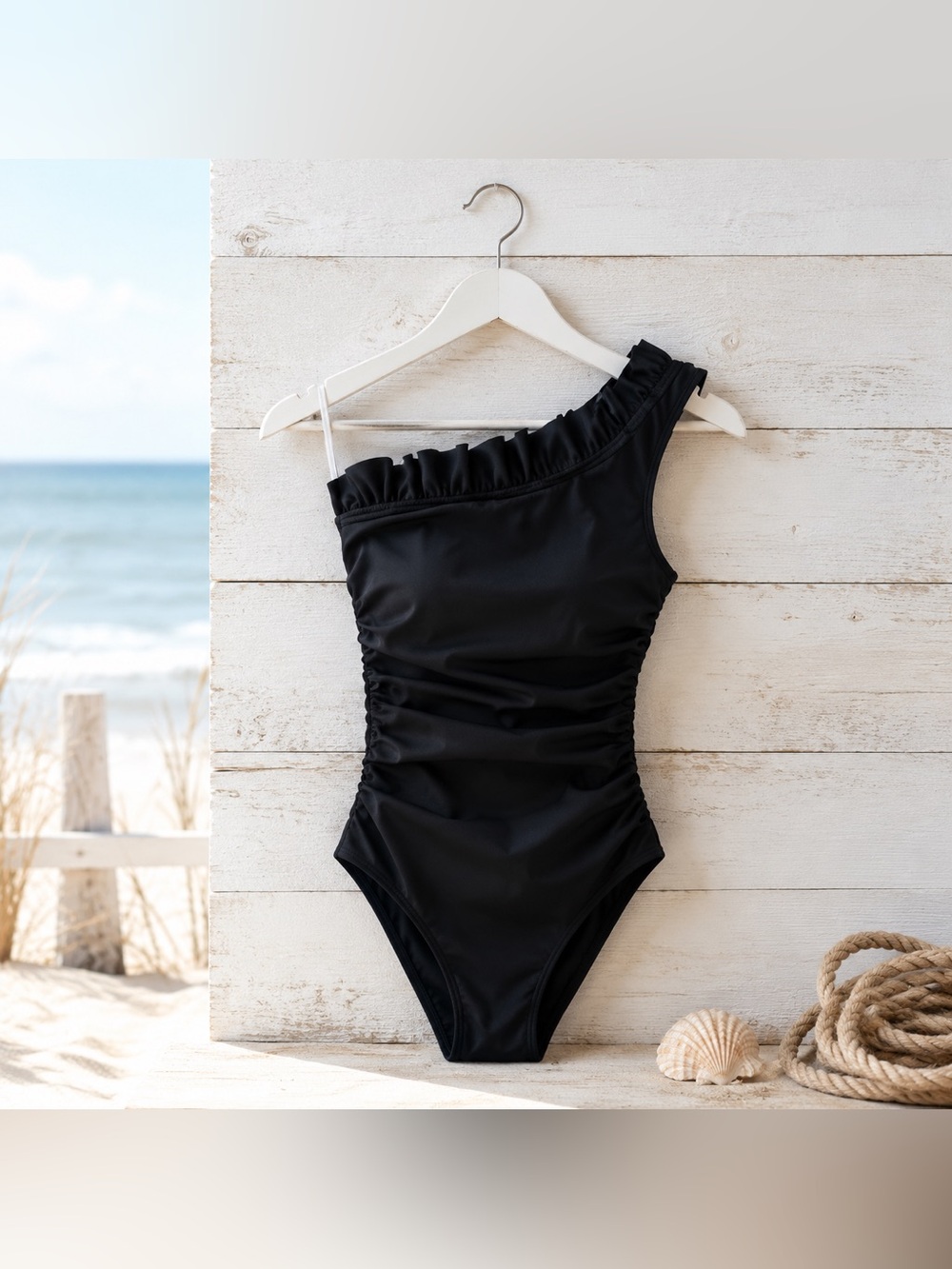 J.Crew Matte Ruffle One Shoulder Swimsuit Black Size 2 NWT